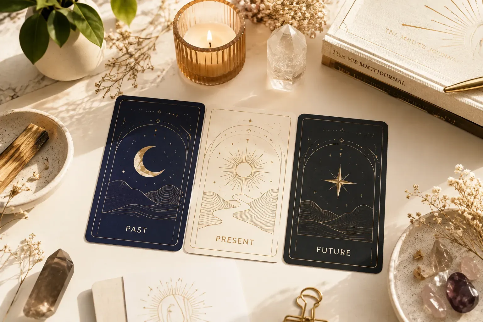 Seraphina Tarot reading session with cards, crystal, candle, and journal on a light tabletop